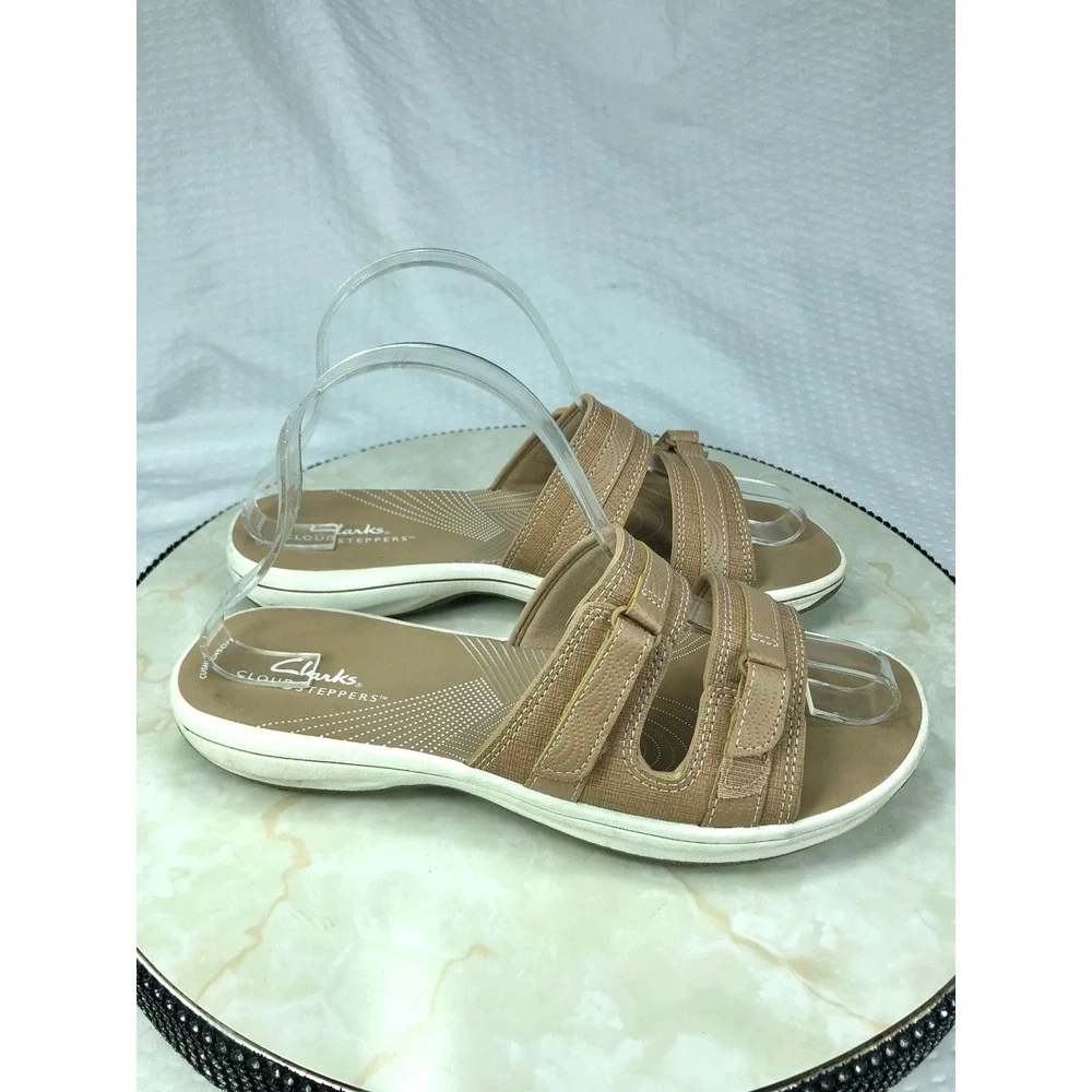 Clarks Cloudsteppers Slide Sandals Women 8 Tan Adjustable Straps Summer Comfort